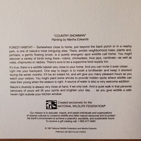 National Wildlife Federation Holiday Cards 1997 COUNTRY SNOWMAN Set of 6 - Picture 4 of 5